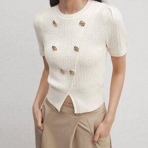 Apricot Casual Women's Stretchy Color Knitted Top With Flower Buckle